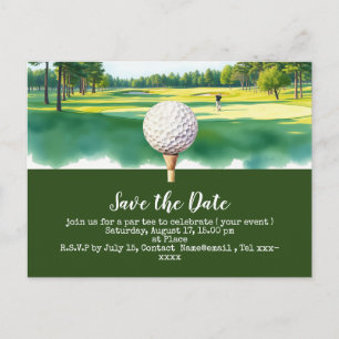 Golf save the date with golf ball on green grass postcard