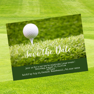 Golf save the date with golf ball on green grass postcard