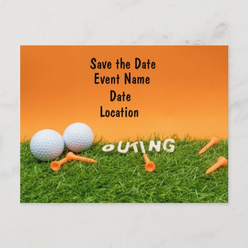 Golf save the date with golf ball on Orange Postcard