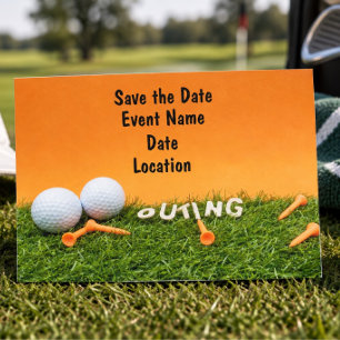 Golf save the date with golf ball on Orange Postcard