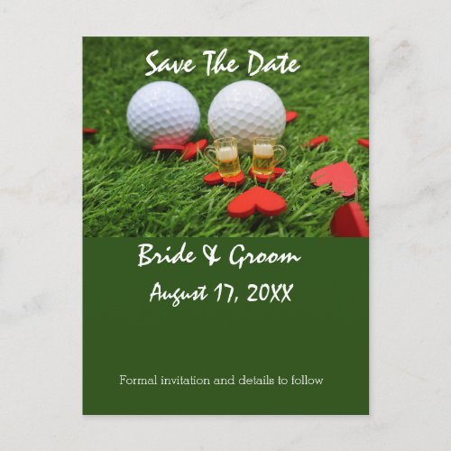 Golf save the date with golf ball red heart love announcement postcard