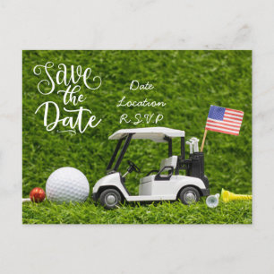 Golf save the date with golf cart and Flag of USA Postcard