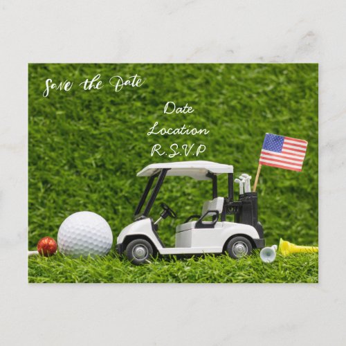 Golf save the date with golf cart and Flag of USA  Postcard