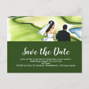 Golf save the date with golfer bride and groom postcard