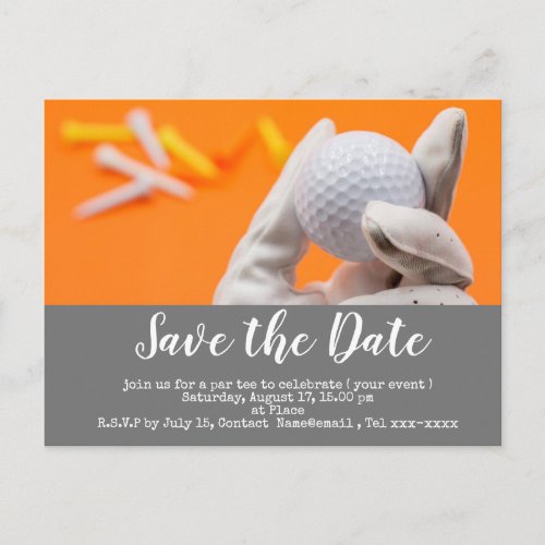 Golf save the date with golfer holding golf ball postcard