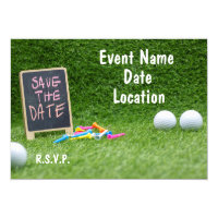 Golf Save the date with sign and golf ball and tee Invitation