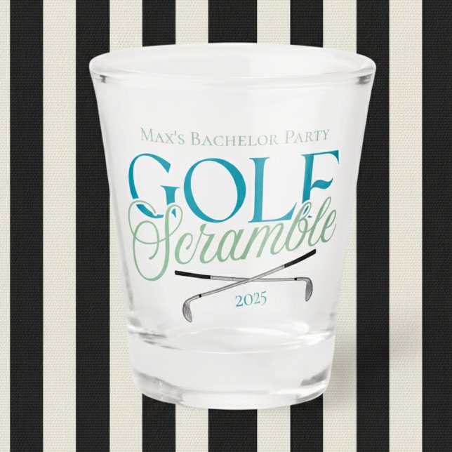Golf Scramble Modern Simple Golf Bachelor Party Shot Glass (Get ready to swing into celebration with this custom Golf Scramble bachelor party design!)