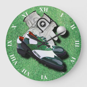 Golf Shoes Ball And Gloves On Green With Your Name Large Clock