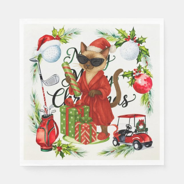 Golf Siamese Cat Christmas Themed for Golfer Napkins (Front)