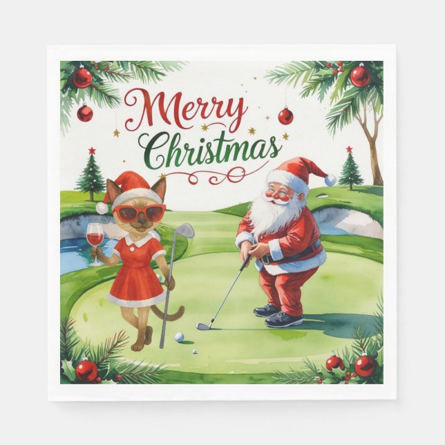 Golf Siamese Cat is in Christmas Golf Course Napkins (Front)