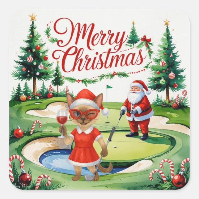 Golf Siamese Cat is in Christmas Golf Course Square Sticker (Front)