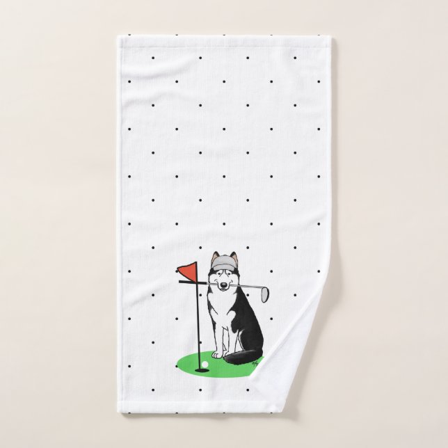 Golf Siberian Husky (black) Dog Playing Cute Funny Bath Towel Set (Hand Towel)