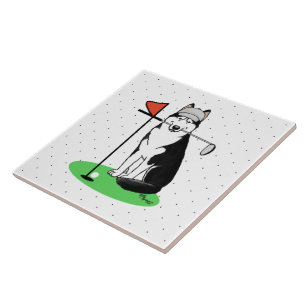 Golf Siberian Husky (black) Dog Playing Cute Funny Ceramic Tile