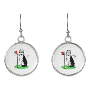 Golf Siberian Husky (black) Dog Playing Cute Funny Earrings