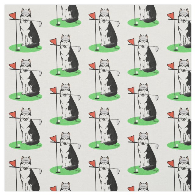 Golf Siberian Husky (black) Dog Playing Cute Funny Fabric (Swatch)