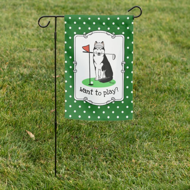 Golf Siberian Husky (black) Dog Playing Cute Funny Garden Flag (In SItu)