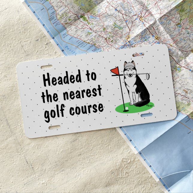 Golf Siberian Husky (black) Dog Playing Cute Funny License Plate (In Situ)