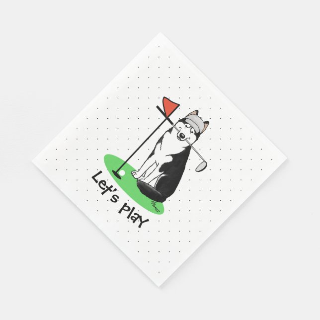 Golf Siberian Husky (black) Dog Playing Cute Funny Napkins (Corner)