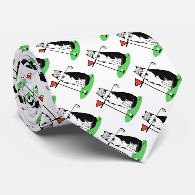 Golf Siberian Husky (black) Dog Playing Cute Funny Neck Tie (Rolled)