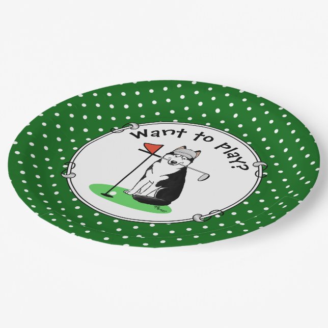 Golf Siberian Husky (black) Dog Playing Cute Funny Paper Plates (Angled)
