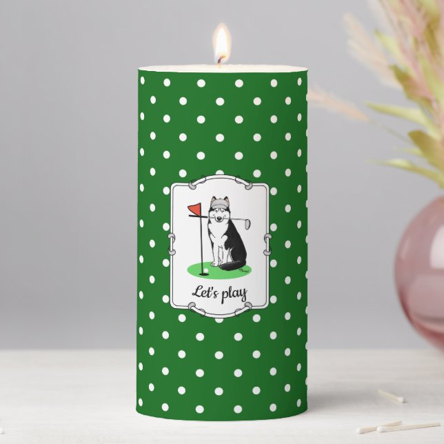 Golf Siberian Husky (black) Dog Playing Cute Funny Pillar Candle (In Situ)