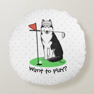 Golf Siberian Husky (black) Dog Playing Cute Funny Round Pillow