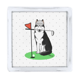 Golf Siberian Husky (black) Dog Playing Cute Funny Silver Finish Lapel Pin