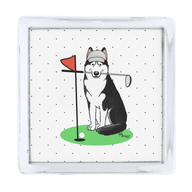 Golf Siberian Husky (black) Dog Playing Cute Funny Silver Finish Lapel Pin (Front)