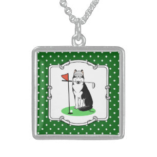 Golf Siberian Husky (black) Dog Playing Cute Funny Sterling Silver Necklace