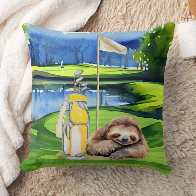 Golf Sloth Golfer on green  Throw Pillow (Blanket)