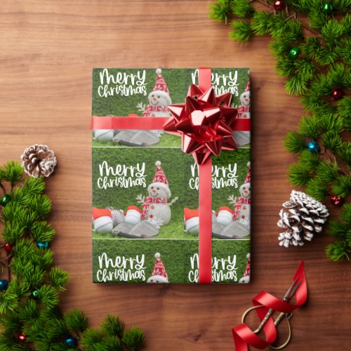 Golf snowman with Golf ball on green grass  Wrapping Paper