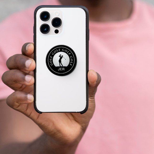 Golf Sports Custom Monogram Golfer Black White PopSocket (Golf Sports Custom Monogrammed Initials Golfer Black & White PopSocket Smartphone Grip For Him)