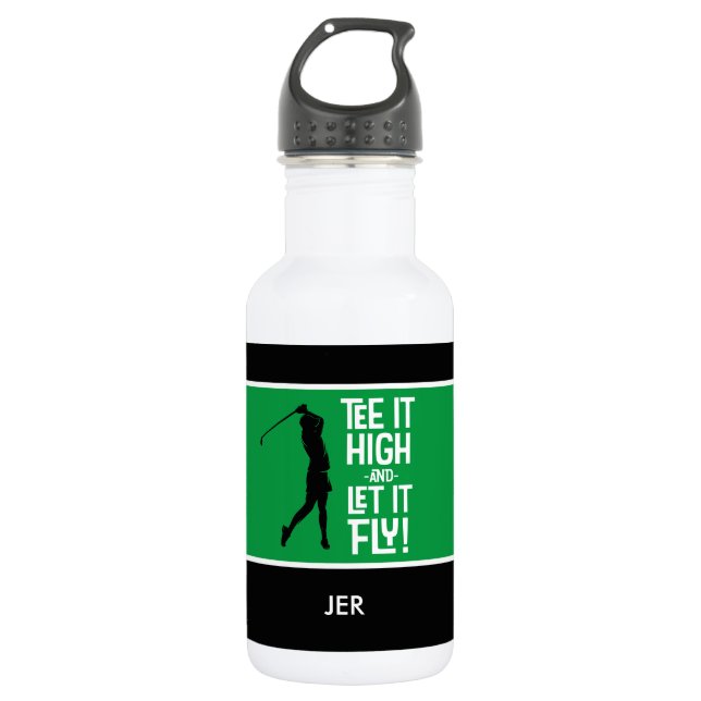 Golf Sports Tee Quote Funny Black Green 18 oz Stainless Steel Water Bottle (Front)