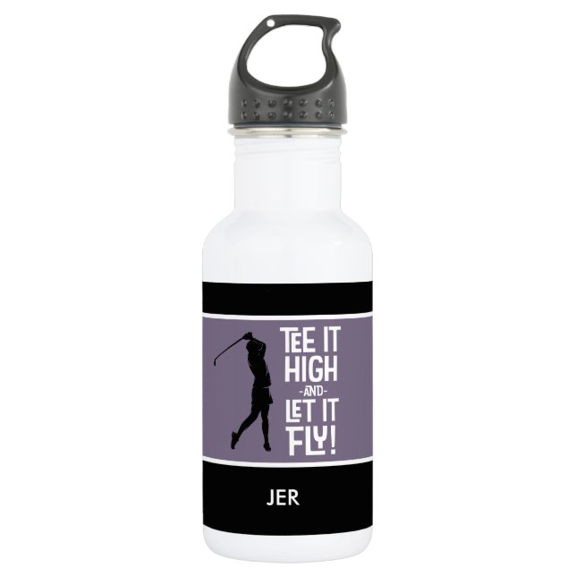 Golf Sports Tee Quote Funny Black Purple 18 oz Stainless Steel Water Bottle (Front)