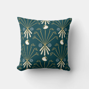 Golf Sticks Teal Green + Gold + White Throw Pillow