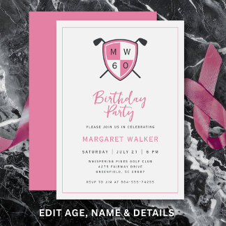 Golf Stylish 60th Adult Birthday Party Modern Pink Invitation