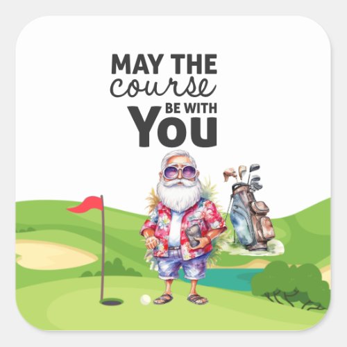 Golf Summer  Christmas with Santa Claus at flag   Square Sticker