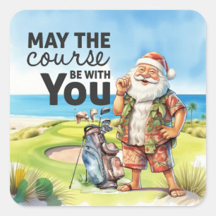 Golf Summer Christmas with Santa Claus at flag Square Sticker