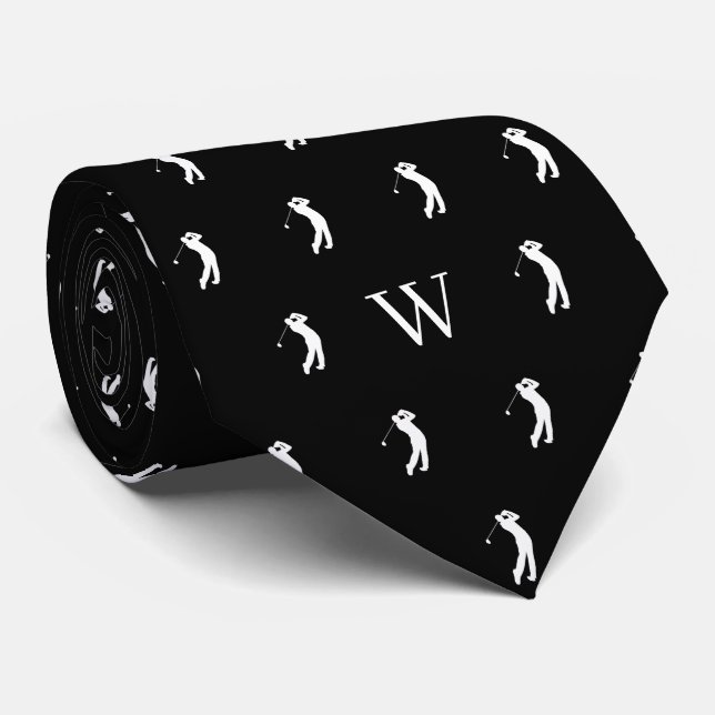 Golf Swing Monogrammed Initials Black and White Neck Tie (Rolled)