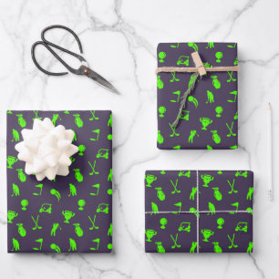 Golf Symbols Cart Clubs Green on Navy Gift Wrapping Paper Sheets