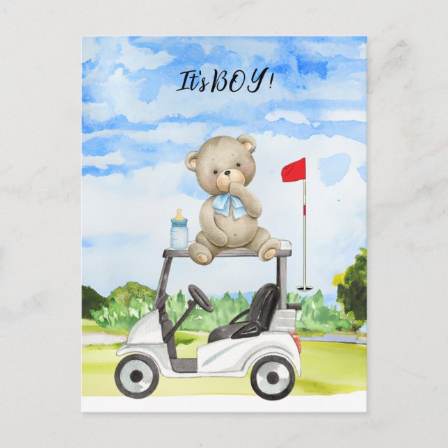 Golf Teddy Bear It's Boy for Baby Shower  Invitati Postcard (Front)