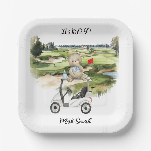 Golf Teddy Bear It's Boy for Baby Shower   Paper Plates (Front)
