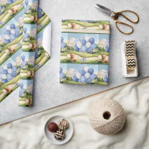 Golf Teddy bear with golf cart on green Wrapping Paper
