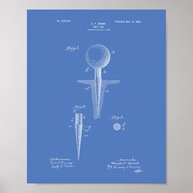 Golf Tee 1899 Patent Art - Blueprint Poster (Front)