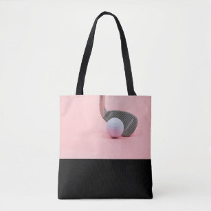 Golf tee and iron on pink lady golfer tote bag