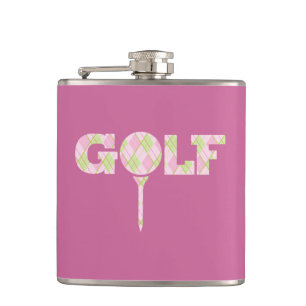 Golf tee logo argyle pink ladies plaid name flask