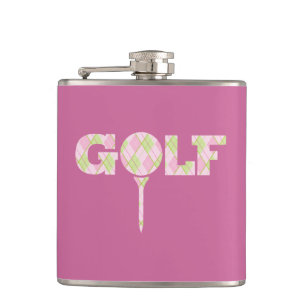 Golf tee logo argyle pink ladies plaid name flask