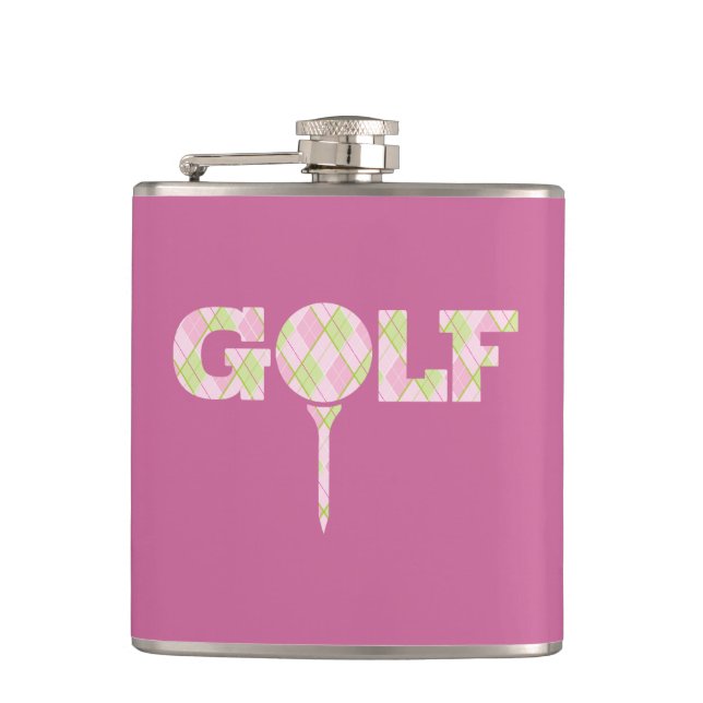 Golf tee logo argyle pink ladies plaid name flask (Front)