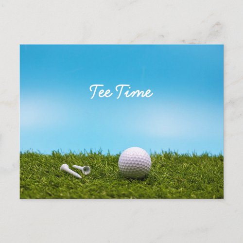 Golf tee time golf balls on blue sky background postcard