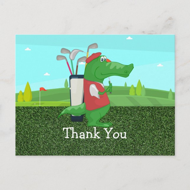 Golf Thank you card with Crocodile golfer on green (Front)